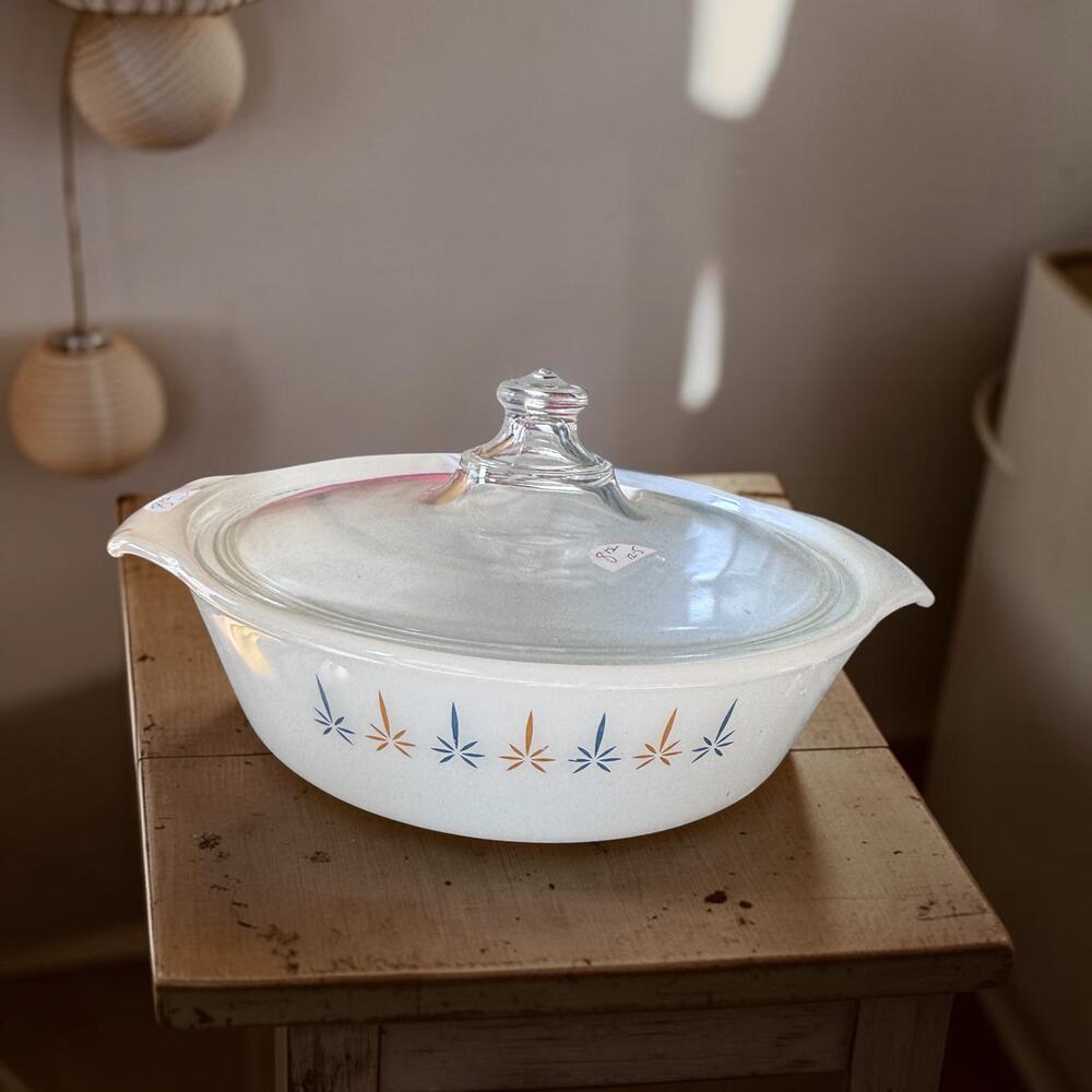 Vintage 1960s Fire King Candle Glow Casserole Dish with Lid 437 Atomic Starburst